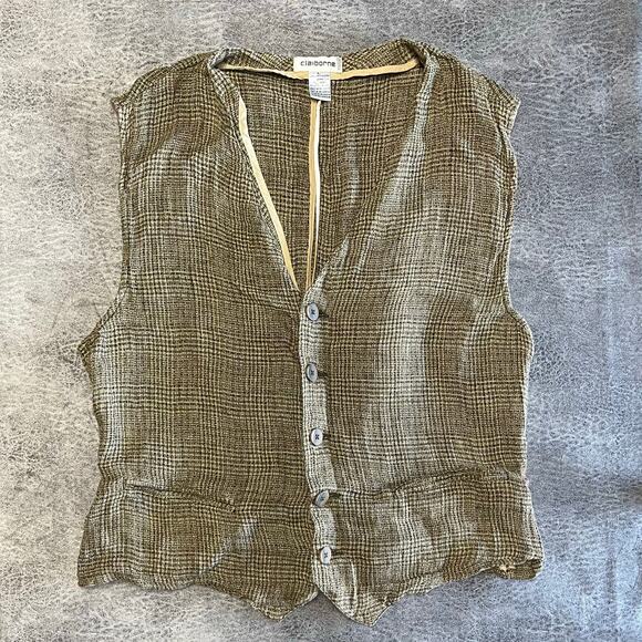 Liz Claiborne Linen Monochrome Gingham Vest - Picture 1 of 6